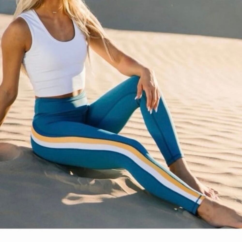 Zyia Active "Janis Light n Tight" leggings blue w yellow stripe size XL 14/16